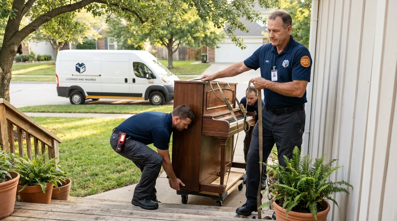 Licensed piano movers securing grand piano in Whitesboro, NY
