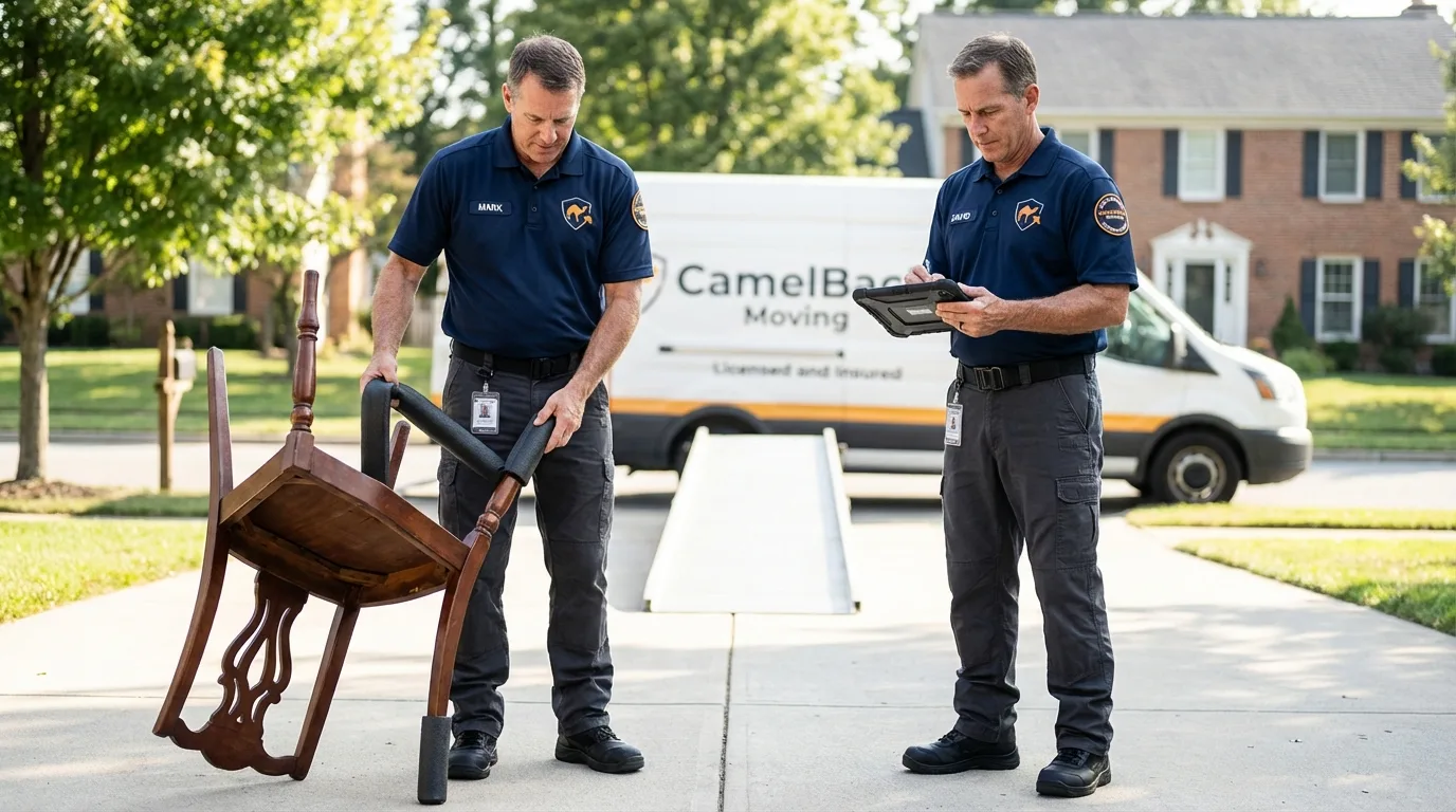 Movers inspecting furniture for damage prevention before loading in Whitesboro, NY